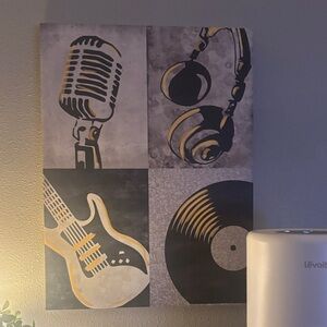 Retro Music Wall Art with Microphone, Headphones, Guitar, and Vinyl Record